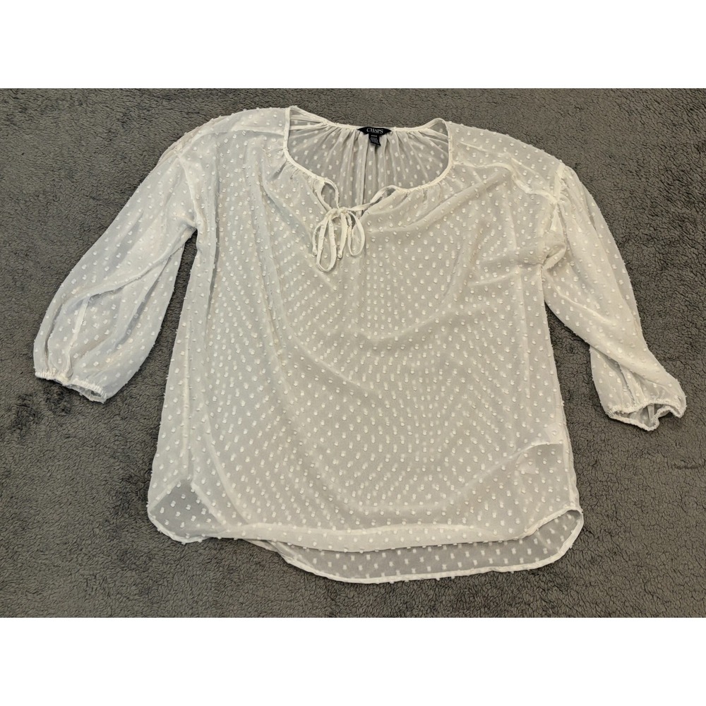Chaps Blouse Womens M White Boho Peasant Sheer Ruffle Tie Neck Clip Dot